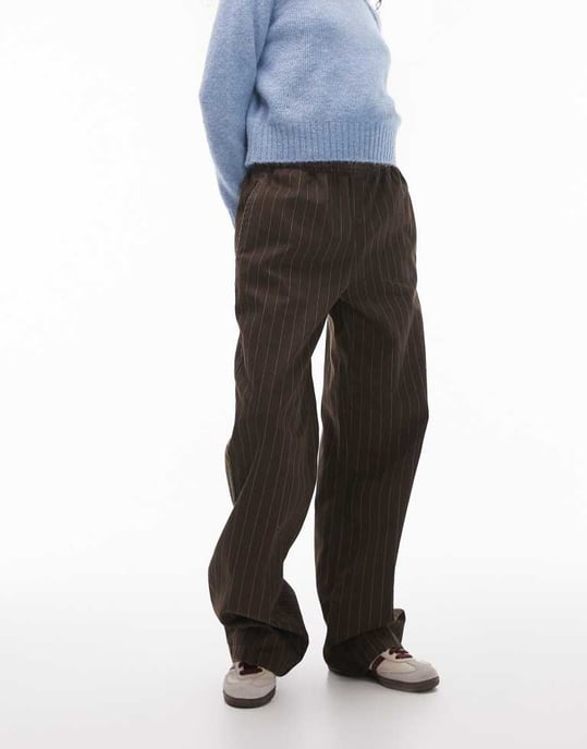 Topshop pull on straight leg striped trouser in chocolate - Image 3