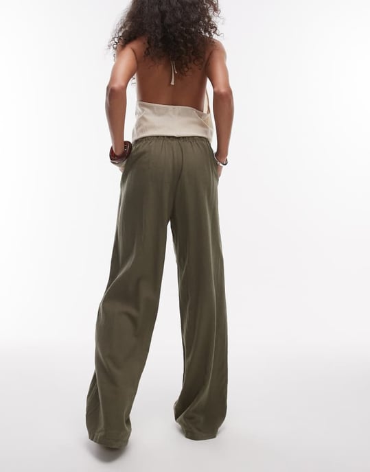 Topshop linen straight leg trouser in khaki - Image 2