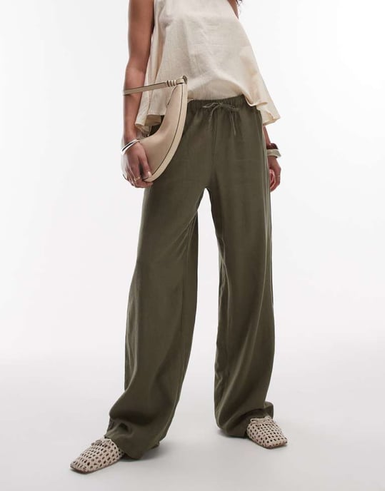 Topshop linen straight leg trouser in khaki - Image 4
