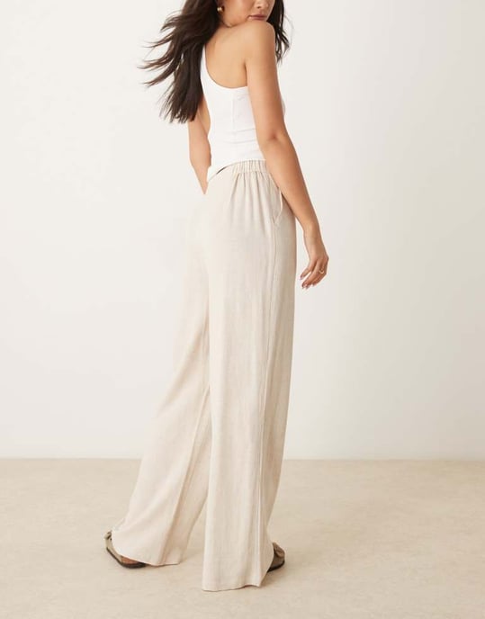 ASOS DESIGN relaxed straight leg trousers with linen in stone - Image 4