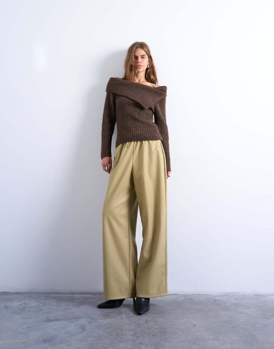 Topshop drawstring pull on faux leather straight leg trouser in taupe - Image 1