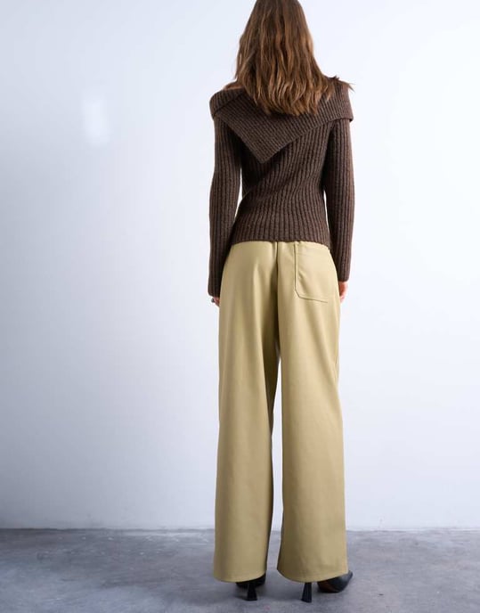Topshop drawstring pull on faux leather straight leg trouser in taupe - Image 2