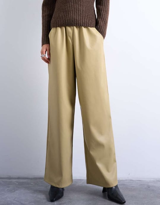 Topshop drawstring pull on faux leather straight leg trouser in taupe - Image 3