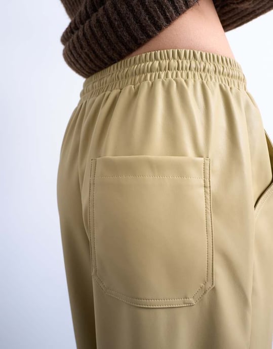Topshop drawstring pull on faux leather straight leg trouser in taupe - Image 4