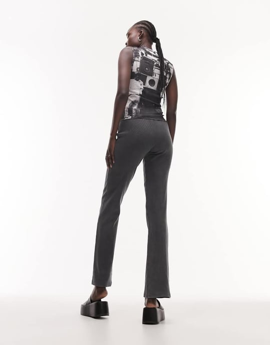 Topshop Tall acid wash rib straight leg trouser in charcoal - Image 2