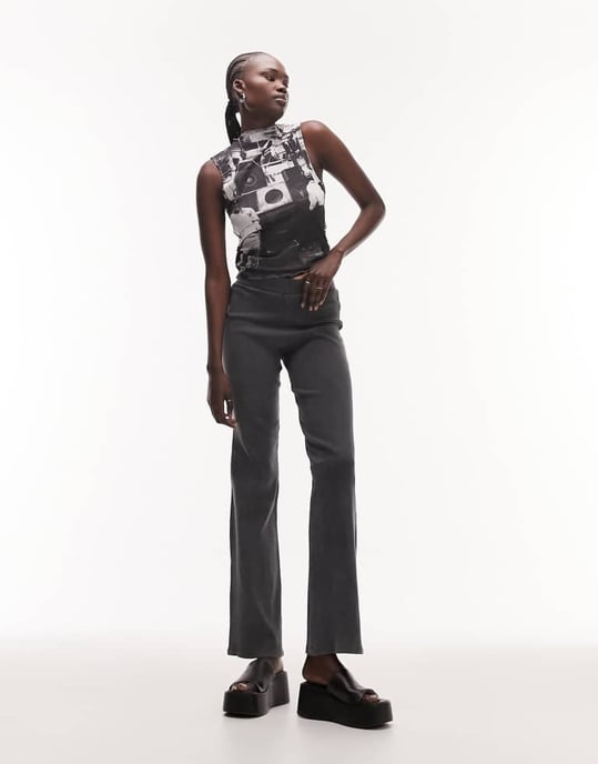 Topshop Tall acid wash rib straight leg trouser in charcoal - Image 3