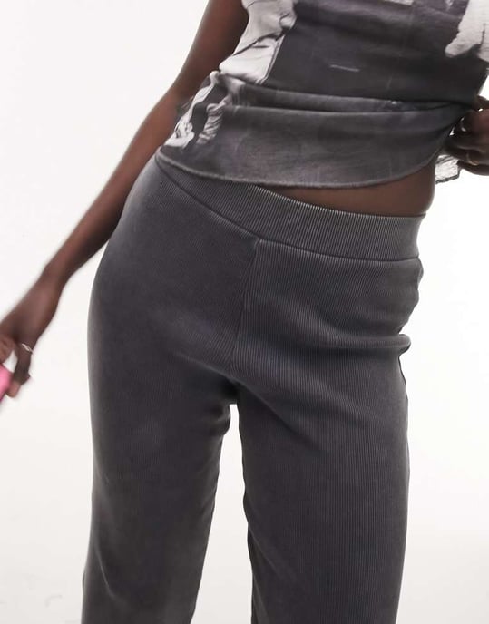Topshop Tall acid wash rib straight leg trouser in charcoal - Image 4