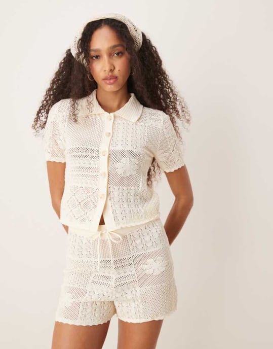 ASOS DESIGN knitted patchwork shirt co-ord in cream - Image 1
