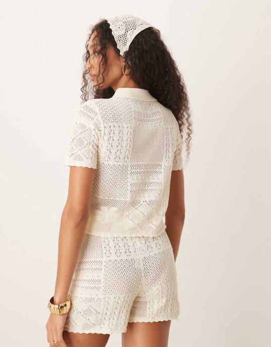 ASOS DESIGN knitted patchwork shirt co-ord in cream - Image 3