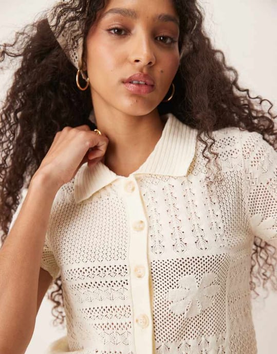 ASOS DESIGN knitted patchwork shirt co-ord in cream - Image 4