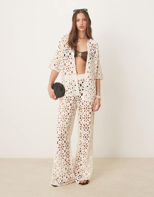 ASOS DESIGN knitted crochet shirt co-ord in cream - Image 2