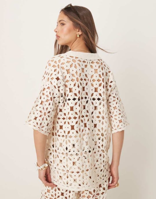 ASOS DESIGN knitted crochet shirt co-ord in cream - Image 3