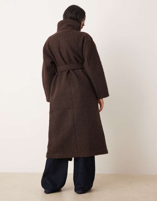 Gina Tricot belted wrap midi coat with funnel neck in brown - Image 3