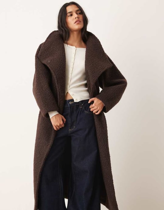 Gina Tricot belted wrap midi coat with funnel neck in brown - Image 4