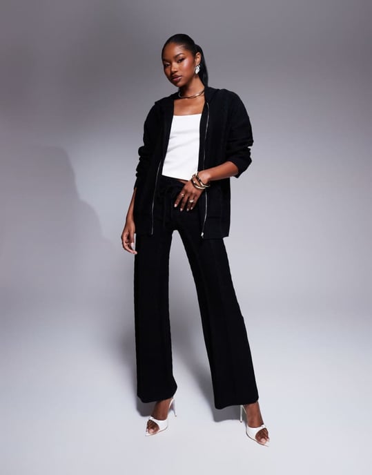 Kaiia cable knit zip through hoodie co-ord in black - Image 2