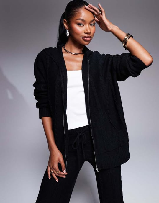 Kaiia cable knit zip through hoodie co-ord in black - Image 3