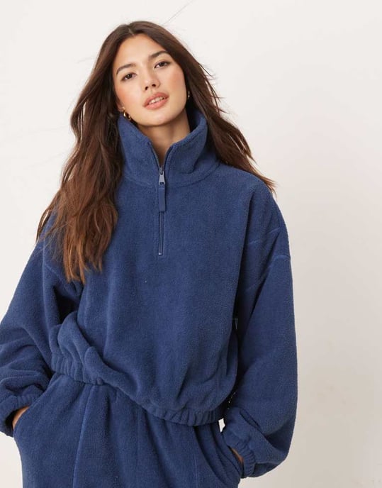 ASOS DESIGN lounge microfleece zip collar sweat in dark blue - Image 2