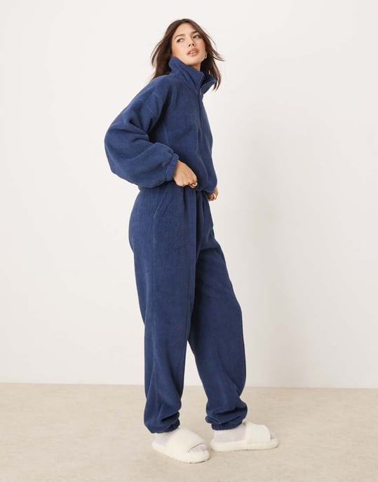 ASOS DESIGN lounge microfleece zip collar sweat in dark blue - Image 3