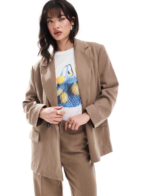 Vero Moda tailored herringbone co-ord blazer in mocha - Image 1