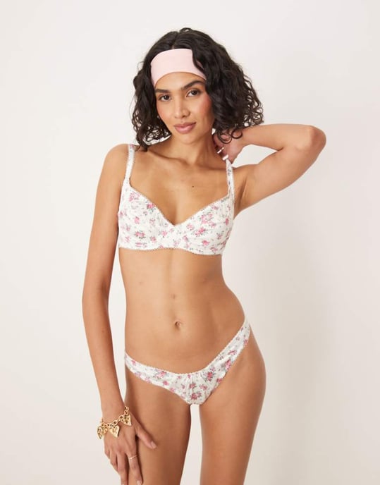 For Love & Lemons Thats Amore underwire bra co-ord in white floral print - Image 1