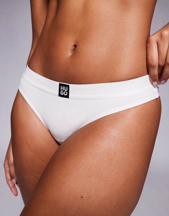 Hugo Red ribbed stacked logo thong in white - Image 4