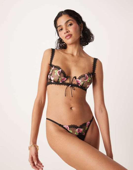 For Love & Lemons Love Garden thong panty co-ord in black multi - Image 1