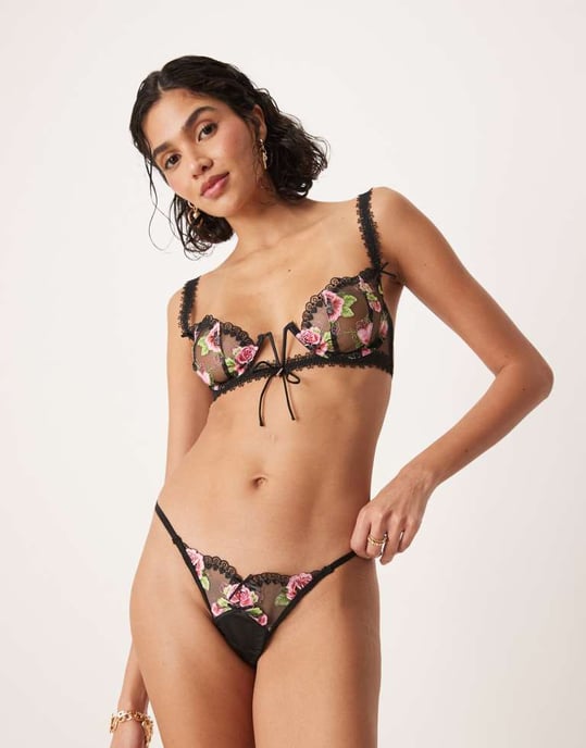 For Love & Lemons Love Garden thong panty co-ord in black multi - Image 4