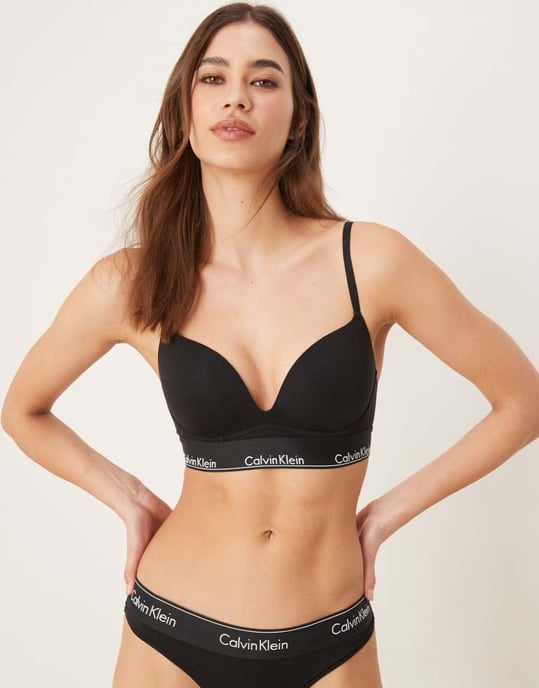 Calvin Klein Modern Cotton plunge push up bra in black - Image 3