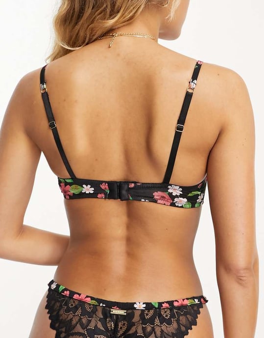 We Are We Wear lace and floral printed micro non padded plunge bra in black - Image 2