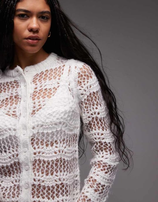 Topshop knitted pointelle button cardi in ivory - Image 3