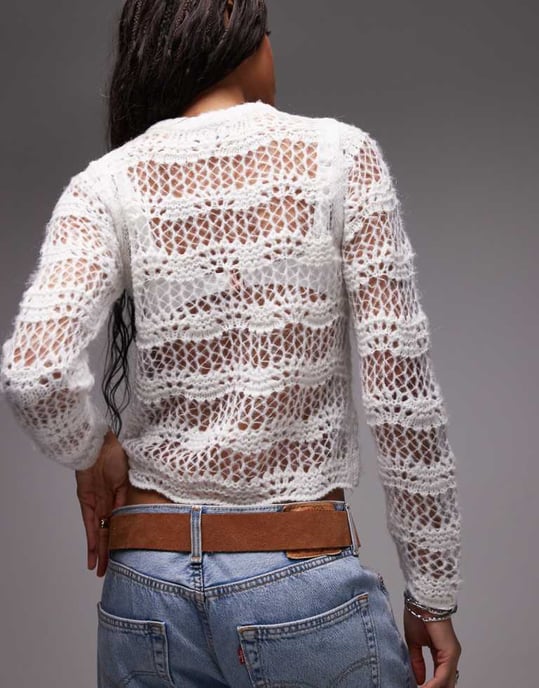 Topshop knitted pointelle button cardi in ivory - Image 4