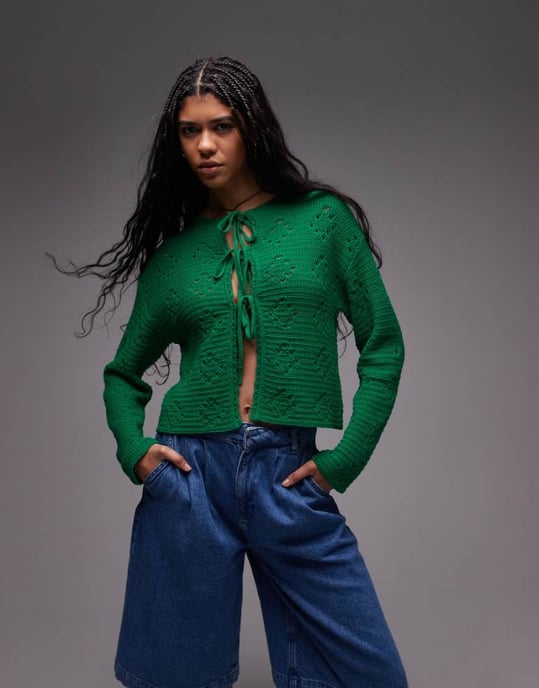 Topshop knitted pointelle tie cardi in green - Image 1
