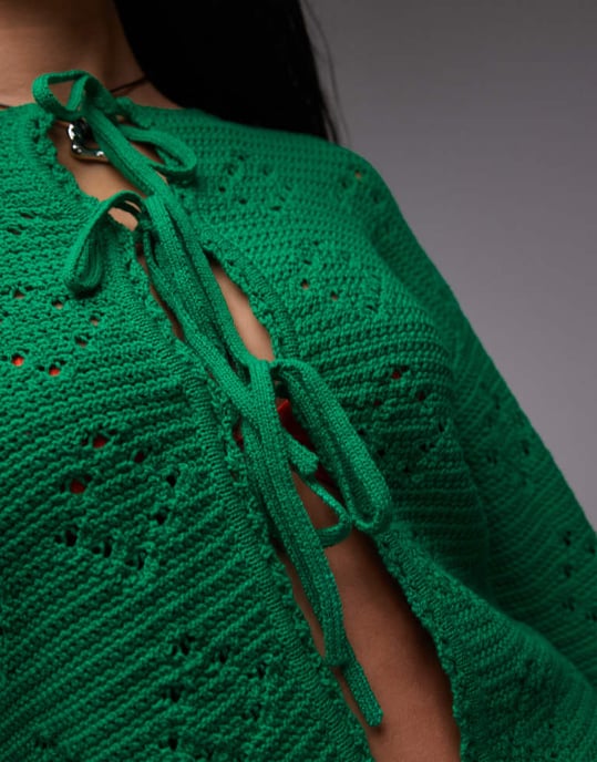 Topshop knitted pointelle tie cardi in green - Image 3
