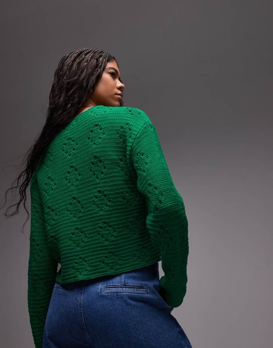 Topshop knitted pointelle tie cardi in green - Image 4