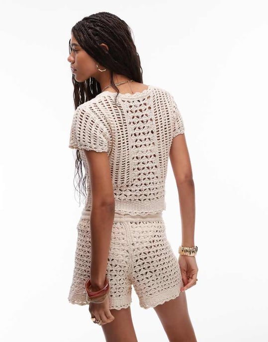 Topshop knitted stitchy pattern button short sleeve cardi in stone - Image 4