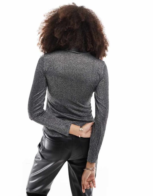 Vero Moda jersey roll neck layering top in silver glitter - Image 2