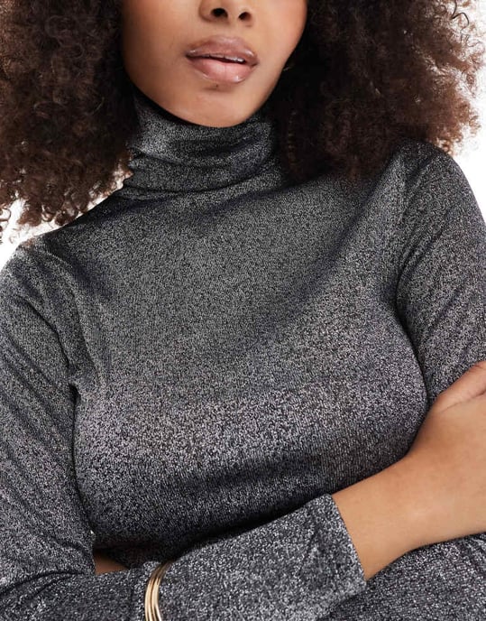 Vero Moda jersey roll neck layering top in silver glitter - Image 3