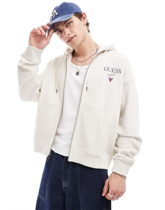Guess Originals unisex stacked logo zip-up hoodie in heather grey - Image 1