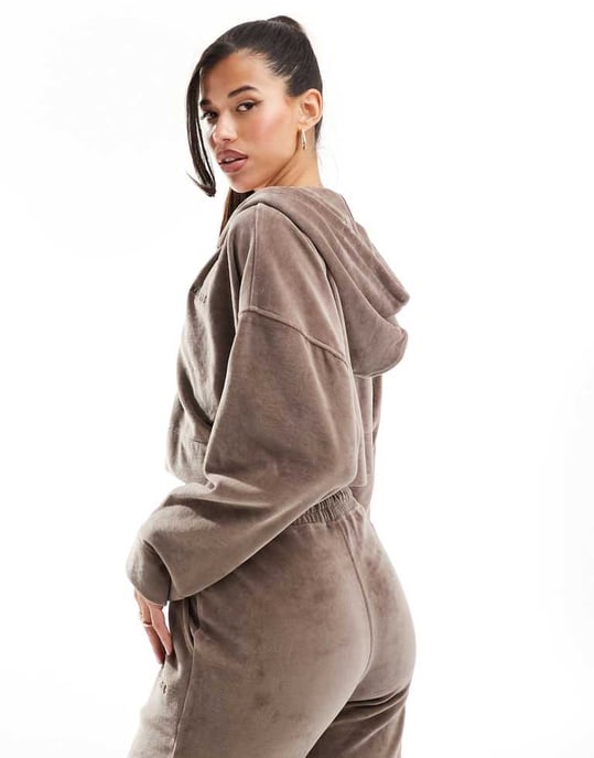 Kaiia bomullsblandning studio handduks zip genomkort hoodie co-ord i brunt - Image 2
