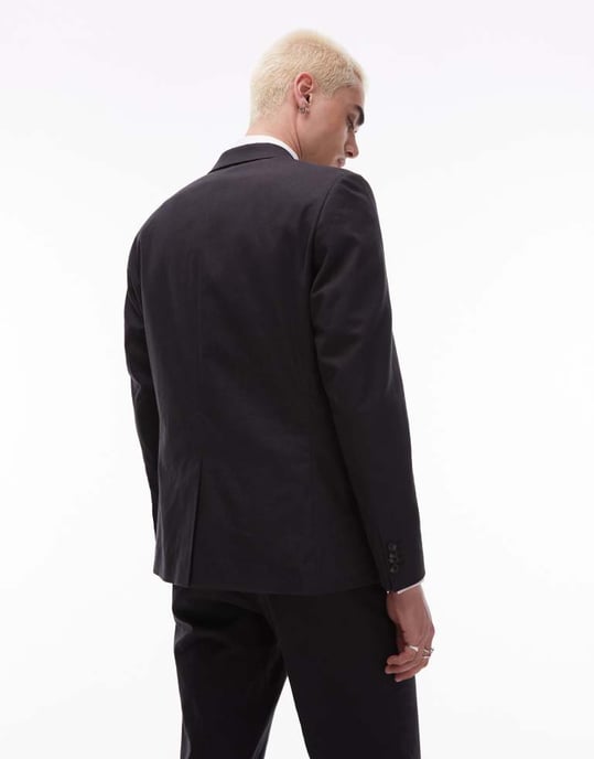 Topman single breasted linen blend blazer in black - Image 4