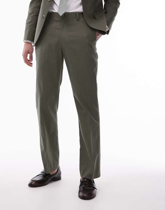 Topman straight linen blend suit trouser in khaki - Image 2