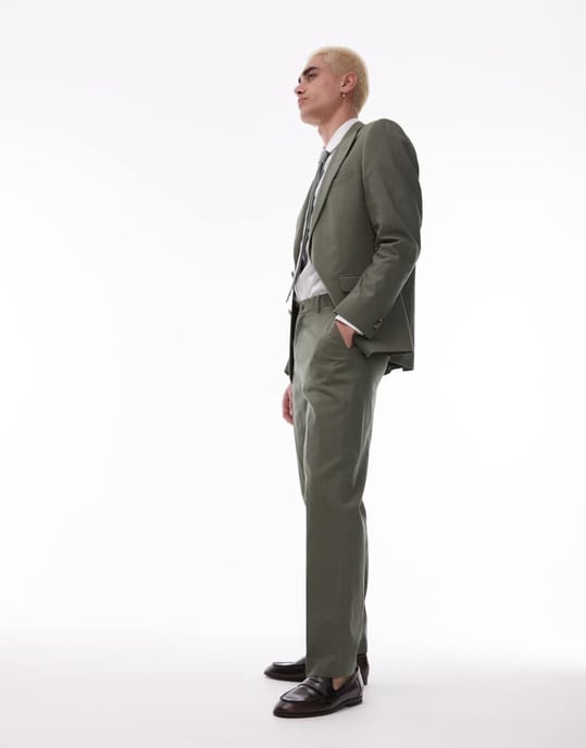 Topman straight linen blend suit trouser in khaki - Image 3