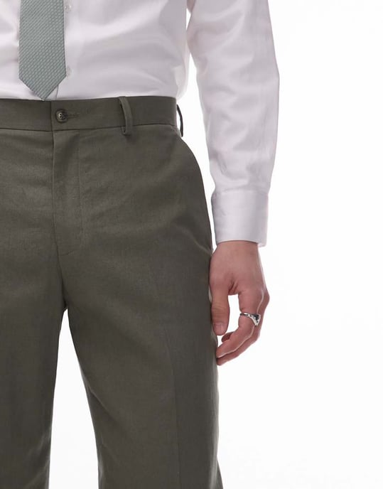Topman straight linen blend suit trouser in khaki - Image 4