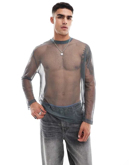 ASOS DESIGN relaxed long sleeve t-shirt in charcoal mesh - Image 1
