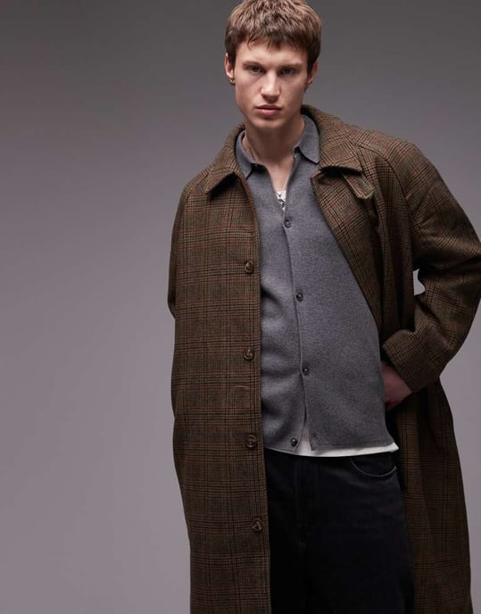 Topman wool check car coat in brown - Image 3