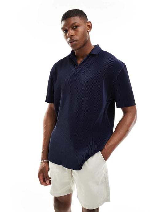 ASOS DESIGN relaxed revere plisse polo in navy - Image 1