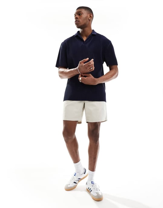 ASOS DESIGN relaxed revere plisse polo in navy - Image 3
