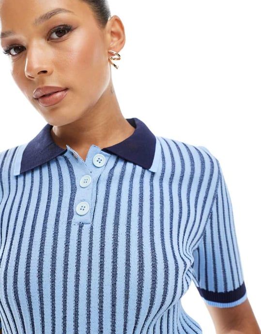ASOS DESIGN plated knitted polo top in blue stripe - Image 2