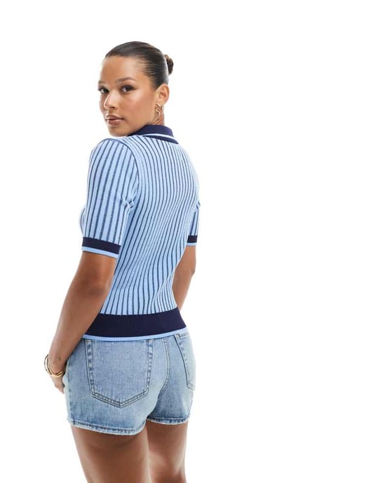 ASOS DESIGN plated knitted polo top in blue stripe - Image 3
