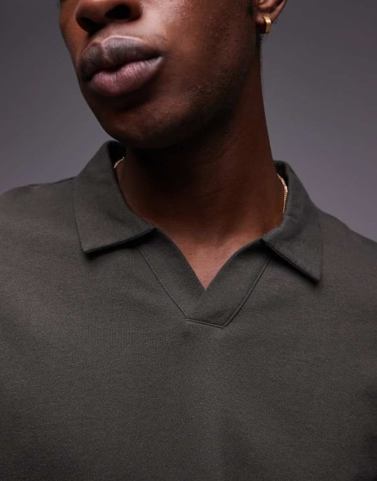 Topman heavyweight crop fit revere polo in khaki - Image 2